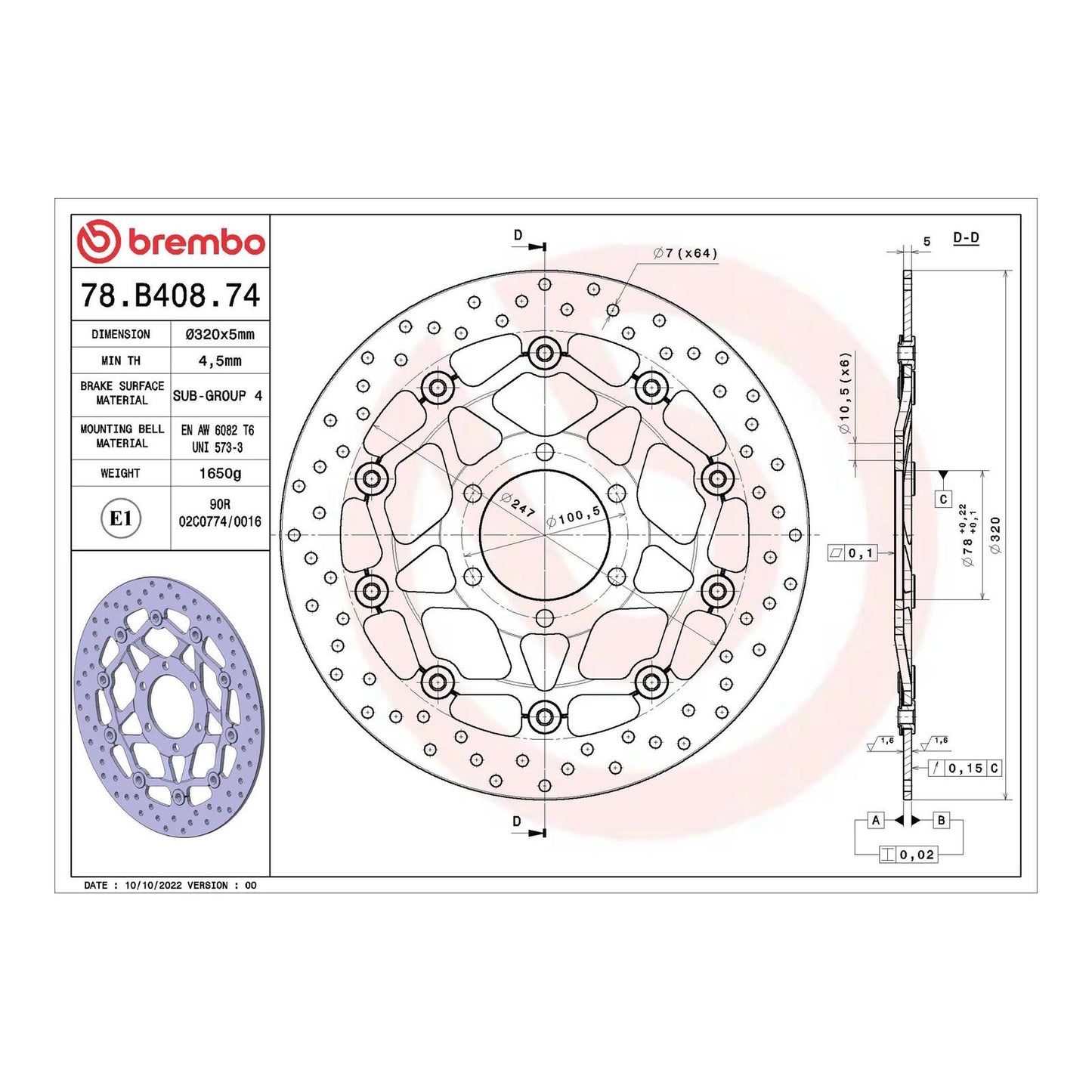 Brembo Prime Brake Disc Serie Oro Front 78B40874