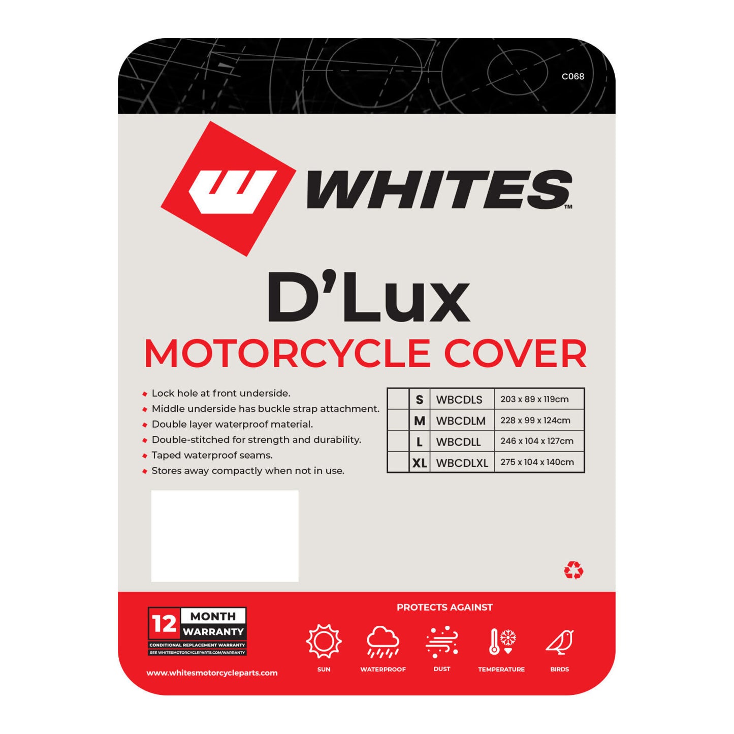 Whites Motorcycle Cover - D'Lux (L) 246 x 104 x 127cm